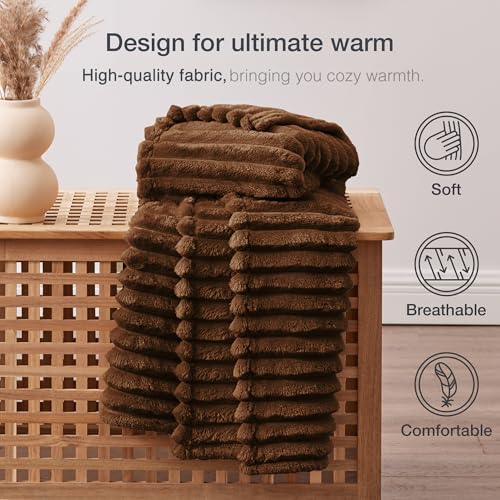 EXQ Home Fleece Throw Blanket for Couch or Bed - 3D Stripe Jacquard Decorative Blankets - 280GSM Cozy Soft Lightweight Fuzzy Flannel Blanket Suitable for All Seasons(50"×60",Brown) - color: Brown, size: Throw
