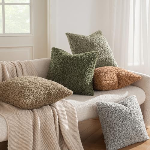 MIULEE Pack of 2 Throw Pillow Covers 18x18 Inch Olive Green Faux Fur Decorative Sherpa Spring Pillow Covers Fuzzy Accent Soft Sheepskin Fleece Cushion Cases for Boho Home Decor Couch Living Room Bed - color: Olive Green, size: 18" x 18" (Pack of 2)