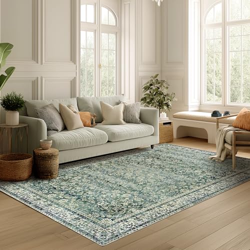 Blue and Green 5x7 Area Rugs for Living Room Christmas Low Pile Soft Moody Floral Rug with Washable Non Slip Boho Vintage Oriental Indoor Carpet for Bedroom Dining Room,5 by 7,Teal - color: Multi Green & Navy, size: 5' x 7' (Rectangular)