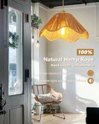 Mini Rattan Pendant Lights, 11.8″ Kitchen Island Pendant Lights with Flower Shade, Boho Handwoven Rope Woven Chandelier for Living Room Dining Room Bedroom Wicker Adjustable Height Hanging Lamp - color: 11.81″-Flower-shape