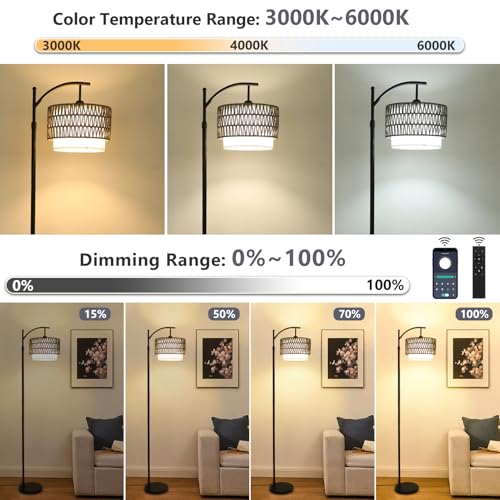 eyassi Floor Lamps for Living Room, Arc Standing Lamp with Remote & Dimmable Bulb, Boho Rattan Floor Lamp for Bedroom with 3 Color Temperatures, Farmhouse Tall Lamp, Height Adjustable Stand up Lamp - style: Rustic-Grey