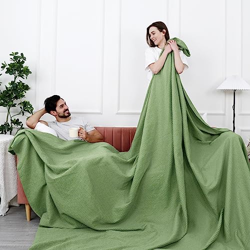 PHF Pre-Washed Cotton Waffle Weave Family Blanket,Oversized King Size 120"x 120"-Snag Proof Lightweight Breathable, 10'x 10' Huge Extra Large Big-Elegant Aesthetic Home Decoration Gift,Loden Green - color: Loden Green, size: Oversized King(120" x 120")