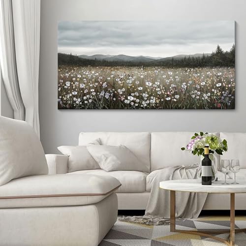 HGUAOA Vintage Landscape Wall Art for Bedroom and Living Room - Large Floral Artworks Farmhouse Wall Decor - Framed Neutral Nature Pictures - Above Bed Decor with Mountain Scenery 24×48IN - color: Vintage, size: 48"L x 24"W