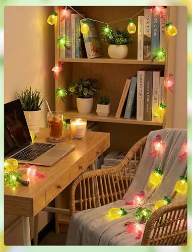 8.5Ft Summer Beach Hawaiian String Lights Outdoor with 10 LED Flamingo Pineapple Palm Tree Lights, Plug in Tropical Party Decorations Lights for Patio Backyard Garden Window Tiki Bar Pool Party Decor - color: Flamingo/Pineapple/Palm Tree