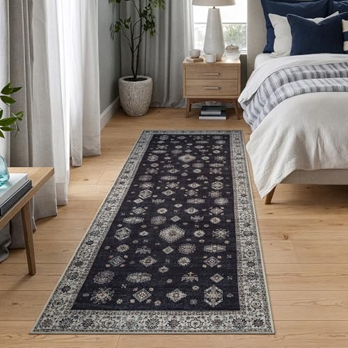 Bloom Rugs Washable Non-Slip 7 ft Runner - Black/Ivory Traditional Runner for Entryway, Hallway, Bathroom, and Kitchen - Exact Size: 2.5' x 7' - color: Black / Ivory, size: 2'6" x 7' (Runner)