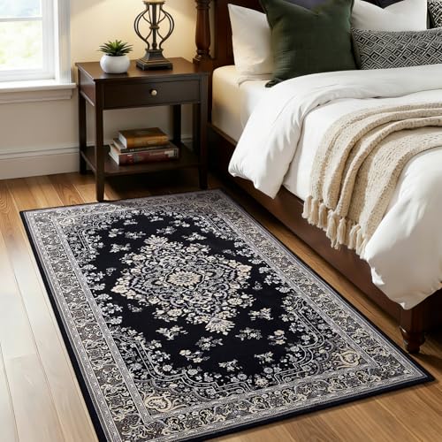 HOMORE Black Rug 3x5 Entryway Rugs, Washable Non Slip Rug for Bedroom Living Room Vintage Floral Rugs for Kids Room, Indoor Carpet for Kitchen Farmhouse Home Office - color: Black, size: 3' x 5' (Rectangular)