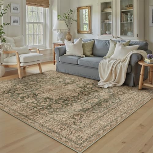 5x7 Washable Area Rug Green Brown Vintage Non Slip Soft Low Pile Rug for Living Room Bedroom Dining Room Office Distressed Oriental Indoor Throw Carpet for Home Decor - color: Green/Brown, size: 5' x 7' (Rectangular)
