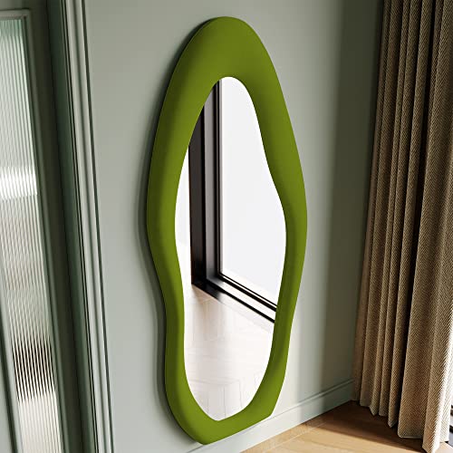 Honyee Full Length Mirror, 63" x 24" Wall Mirror, Flannel Wrapped Wooden Frame Floor Mirror, Irregular Wavy Mirror Hanging or Leaning Against Wall for Cloakroom/Bedroom/Living Room, Green - color: Green, size: 63"L x 24"W