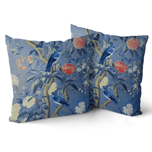 Chinoiserie Pillow Cover 16x16 Inch Vintage Navy Blue Floral Throw Pillow Covers Farmhouse Flower Bird Decorative Outdoor Pillowcase Cotton Cushion Cover for Couch Sofa Bed Decor (Pack of 2) - color: Deep Blue, size: 16" x 16" (Pack of 2)