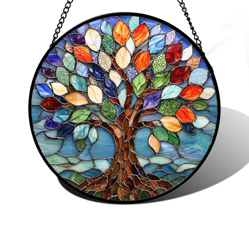 DASTOLL Stained Glass Window Hanging, Colorful Tree of Life Sun Catchers Glass Panel Blue Suncatcher Decor for Birthday for Women, Men, Wife, Aunt, and Mom 9.8 in - color: Colorful, size: 9.8x9.8 IN