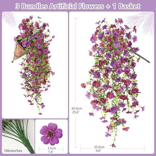 INQCMY Artificial Hanging Flower Baskets for Spring Outdoor Decoration Fake Plants UV Resistant Faux Silk Daisy with Eucalyptus Leaves Realistic Look for Home Porch Patio Yard - color: Purple Red
