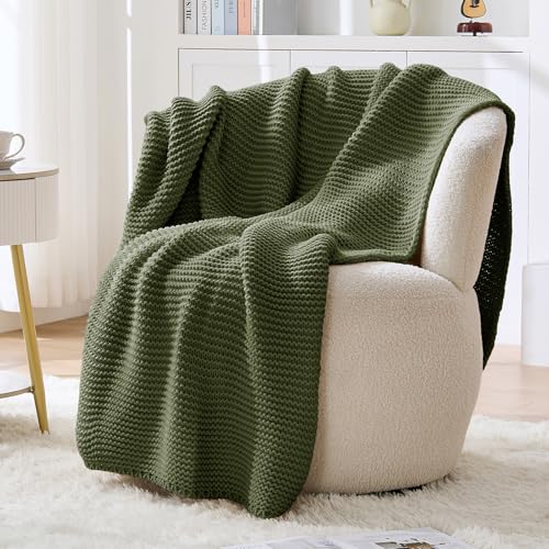 Olive Green Throw Blanket, Olive Cable Knit Throw Blanket for Couch, Soft Cozy Stretchy Reversible Garter Knitted Blankets for Bed, 50"x60", Olive Green - color: Olive Green, size: 50"x60"