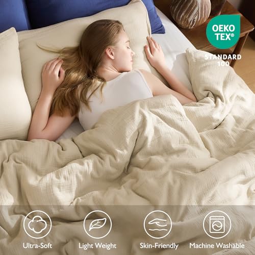 EMME Muslin Cotton Duvet Cover Set Twin Size Linen Like Soft Breathable Lightweight Summer Comforter Cover Set with Zipper Closure (Twin, 68"x90") - color: 02 - Beige, size: Twin(68"×90")