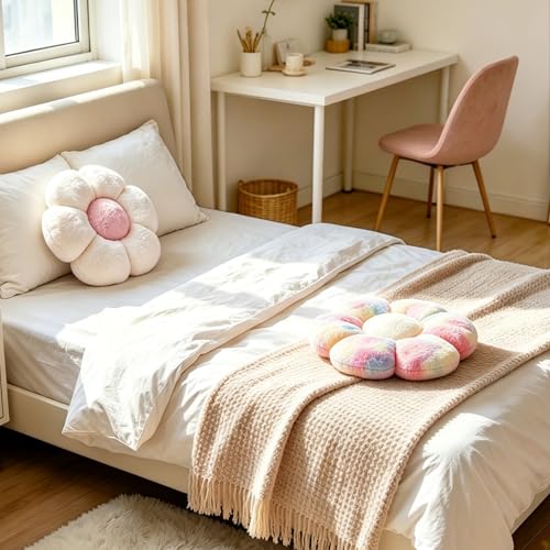 2pcs Flower Floor Pillow, Daisy Flower Shaped Pillows Set, Cute Preppy Room Decor Decorative Throw Pillows Cushions for Girls Bedroom Bed Couch Decor (White & Multicolour Pink, 15 INCH) - color: White & Multicolour Pink