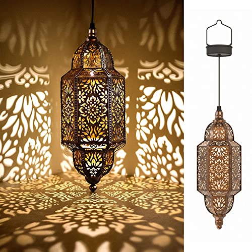 Twinkya Hanging Solar Lights Outdoor Garden Decorative Solar Lantern Waterproof Metal Moroccan Outdoor Decorations for Patio Pathway Yard Porch Backyard Garden Decor (Gold, 1 Pack) - color: Gold, size: 1pack