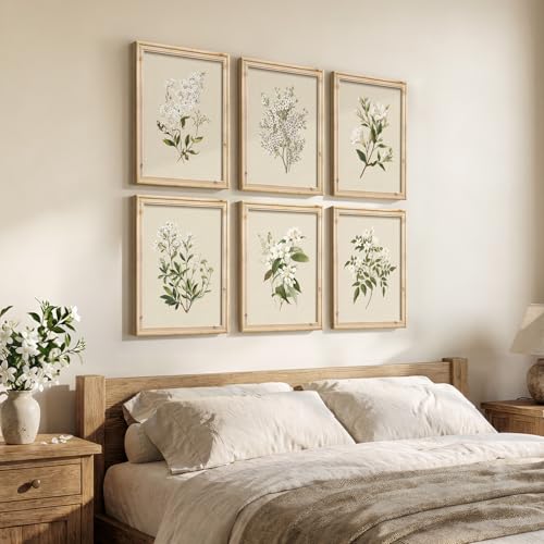 Framed Vintage Botanical Floral Wall Art Set of 6, Neutral Rustic Green Flower Canvas Prints, Cottagecore Farmhouse Minimalist Gallery Pictures for Bedroom Living Room Dining Room Wall Decor, 11x14 In - color: Neutral Beige, size: 11" W x 14" H x 6Pcs