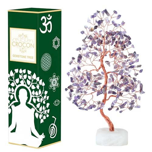 Crocon® Amethyst Crystals Tree of Life Quartz Base, Birthday Gifts for Women, Men Home & Office Decor Money Tree Healing Crystals Womens Gifts Ideas House Warming Gift Sister Unique Purple Decoration - color: Amethyst Copper Wire Quartz Base