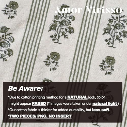 Amor Virisso Floral Throw Pillow Covers 20x20 Set of 2 Block Print Pillow Covers Neutral Floral Striped Farmhouse Decorative Pillow Covers for Sofa Couch Bed, Dusty Green - color: Dusty Green, size: 20" x 20" (Pack of 2)