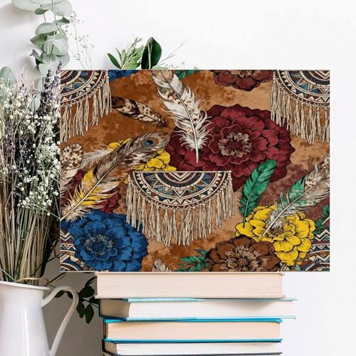 Boho Feather Fringe Art Wall Art Decor Framed 16x12 Inch, Wall Decor Poster for Bedroom Living Room Office Decor (Wooden Inner Frame) - size: 16"L x 12"W