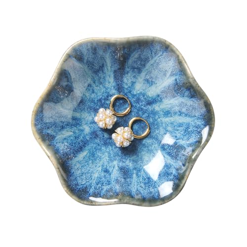 Lotus Leaf Shape Ring Holder Dish, Small Key Bowl, Ceramic Trinket Tray Jewelry Dish Organizing Necklace Earrings for Mom Friend Sister. All Jewelries Are NOT Included. Light Blue. - color: Light Blue-Lotus