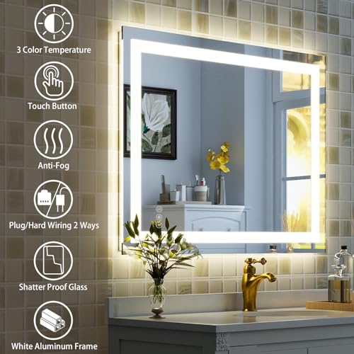 XRAMFY 32'' x 24'' LED Bathroom Mirror with Lights, Wall Mirror with Front and Backlight, 3 Colors Vanity Mirror with Lights, Anti-Fog Wall Mirror for Bathroom - size: 32"L x 24"W