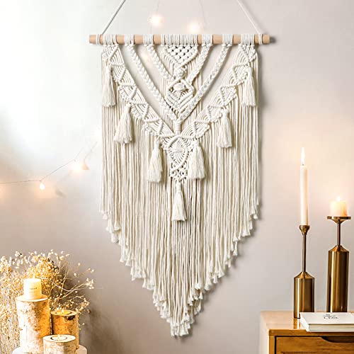Dremisland Macrame Woven Wall Hanging Boho Geometric Woven Tapestry Beige & Grey Cotton Handmade Bohemian Art Decor with Tassel Craft Ornament for Bedroom Living Room Apartment Nursery (Beige-) - color: Beige-