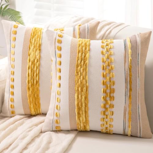 Boho Throw Pillow Covers 18x18 Set of 2 Farmhouse Decorative Cushion Case Striped Square Pillows Cover Chenille Pillow Cases Accent Neutral Pillowcase for Sofa Couch Bed,Yellow - color: Yellow Stripe