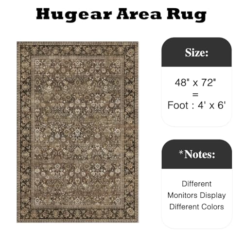 HUGEAR 4x6 Machine Washable Rugs Brown Hallway Area Rug Indoor Accent Rug Floral Low Pile Carpet Soft Throw Rug Bedroom Living Room Office Dining Room Kitchen Laundry Room Non Slip - color: Floral | Brown, size: 4' x 6' (Rectangular)