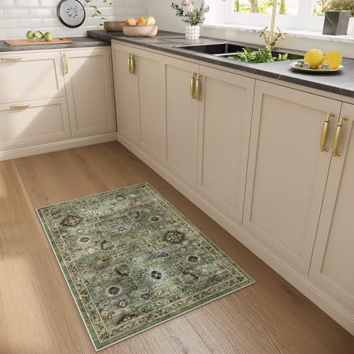 Machine Washable Small Rugs for Kitchen: Door Mat Indoor Entrance 2x3 Throw Rug Stain Resistant Non-Slip Low Pile Soft Carpets for Entryway Front Door Indoor Entrance Entry Bedroom - color: Green and Beige, size: 2' x 3' (Rectangular)
