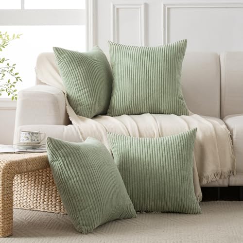 Volcanics Set of 4 Sage Green Corduroy Decorative Couch Throw Pillow Covers 18x18 Inch, Western Modern Farmhouse Striped Cushion Cases, Soft Boho Square Accent Pillow Covers for Home Sofa - color: Sage Green, size: 18" x 18" (Pack of 4)