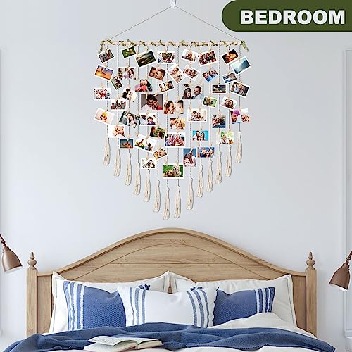 Hanging Photo Display boho bedroom decor teenage girl room decor Birthday Gifts for Grandma gift for mom Grandma’s Gifts - from Daughter, Granddaughter and Grandson - Mom Grandmothers Photo Holder，with 30 Wood Clips, 35" L x 30'' W