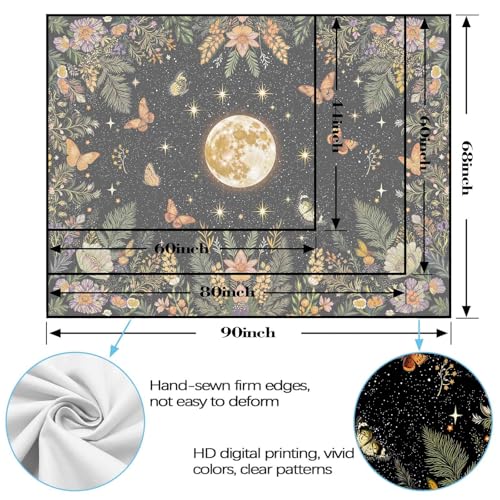 Kanuyee Moon and Butterfly Tapestry Nature Style Tapestry for Bedroom Celestial Starry Sky tapestries Wall Hanging Aesthetic Room Decor Full Moon with Butterfly 80"x60" - color: Black White, size: 80"L x 60"W