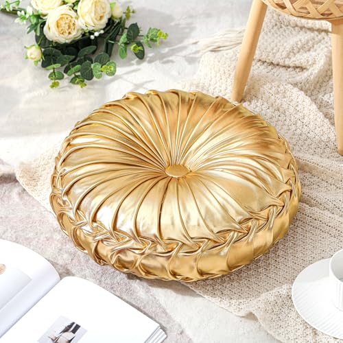 Drydiet 1 Pcs Round Throw Velvet Pillows Decorative Pleated Throw Pillows Diameter Accent Pumpkin Boho Chair Cushion for Couch Sofa Home Decoration (Gold,15'') - color: Gold, size: 15''