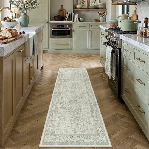 PureCozy Runner Rug 2x6 Sage Green Hallway Washable Vintage Distressed Kitchen Carpet Non Slip Neutral Low Pile Retro Floral Farmhouse Long Throw Rug Entryway Bathroom Office Laundry Dining Room - color: Accent Sage Green, size: 2' x 6' (Runner)