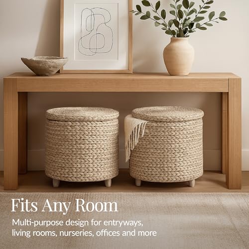 Best Choice Products 17" Round Storage Ottoman W/Lid, Handwoven Water Hyacinth Footstool, Footrest w/Wooden Legs, Accent Side Table, Storage Container, Plant Stand - Whitewash - color: Whitewash