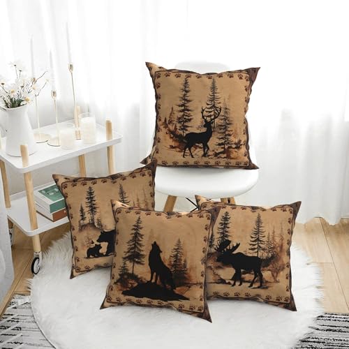 Deer Wolf Throw Pillow Covers 18 X 18 Inch Set of 4 Decorative Cushion Cover Home Decor for Sofa Chair Couch Bedroom Living Room - color: Deer Wolf