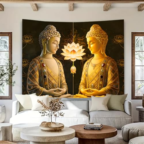 FENDROM Vintage Sitting Buddha Tapestry Buddha's Light Wall Hanging Buddhist Statue Tapestries Lotus Meditation Wall Decor Psychedelic Indian Zen Art for Bedroom Living Room Home Decor - color: Golden, size: 59"L x 51"W
