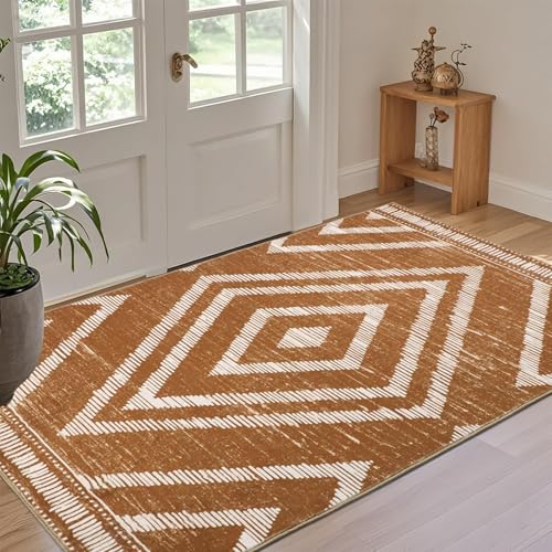 Moroccan Washable Area Rugs 3x5ft Non Slip, Low Pile Entryway Rug, Brown Boho Bedroom Carpets, Non Shedding Soft Floor Carpet for Dining Room Bathroom Kitchen Study Office - color: Brown, size: 3' x 5' (Rectangular)