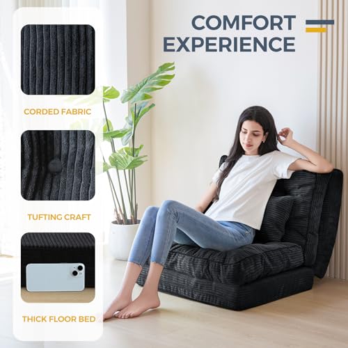 MAXYOYO Folding Sofa Bed, Tufted Bean Bag Bed with Pillows Floor Couch for Adults, Extra Thick and Long Floor Sofa, Single Couch for Bedroom Living Room, Black, 30x91 Inch - color: Black, size: Tufted Single