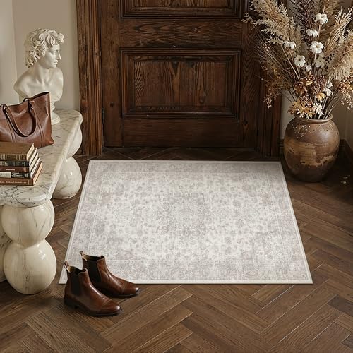 PureCozy 2x3 Area Rug Washable Neutral Beige Vintage Entryway Carpet Non Slip Low Pile Soft Door Mat Indoor Entrance Floral Small Throw Rug for Bathroom Bedroom Office Laundry Kitchen - color: Vintage | Beige, size: 2' x 3' (Rectangular)