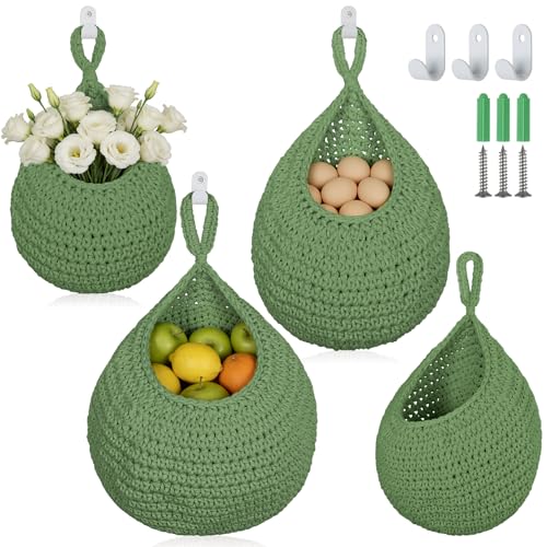 3 Pack Boho Decor Hanging Fruit Baskets with Hooks, Hand-woven Cotton Wall Baskets for Fruit Vegetable Potato Onion Storage 3 Sizes, Hanging Holder Teardrop Produce Basket for Kitchen Organizer, Green - color: Green, size: 3 Pack