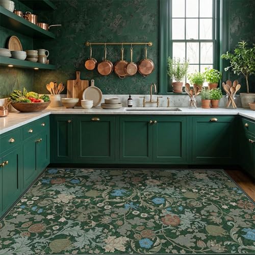 Forest Green Floral Area Rug 3x5 for Entryway, Washable Vintage Farmhouse Botanical Rug, Non Slip Low Pile Thin Floor Decor Soft Accent Rug for Front Door Kitchen Playroom Bedroom - color: Green, size: 3'x5'