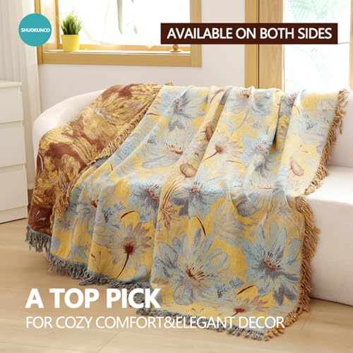 Boho Cotton Throw Blankets for Bed Couch, 100% Soft Cozy Cotton Blanket Rustic Quilt 60"x80", Reversible Muslin Farmhouse Blankets for Armchair,Picnic,Sofa,Couch - color: A-yellow Flowers, size: 60x80 Inch