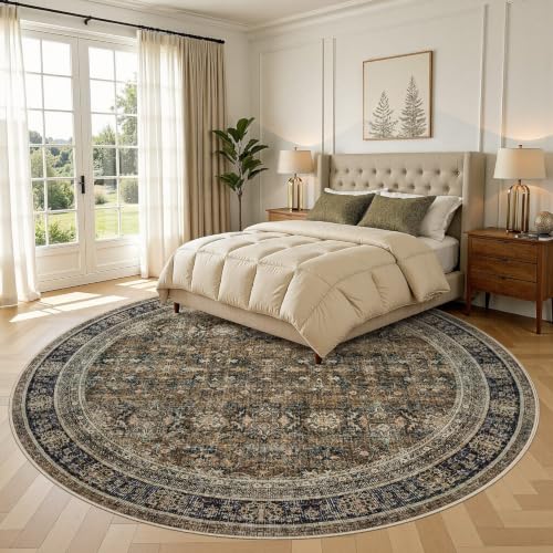 WITSHOCK 10ft Round Area Rugs for Living Room: Washable Vintage Rug Retro Antique Distressed Dark Large Non Slip Low Pile Soft Boho Indoor Floor Carpet for Bedroom Dining Room Home Decor, Brown Olive - color: Brown/Olive Green/Purple, size: 10' (Round)