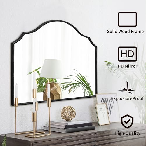 Besdomus Scalloped Arched Mirror for Vanity: 32"x24" Black Modern Minimalist Wooden Wall Mirror - Decorative Dresser Wall for Mantel/Bedroom/Entryway/Hallway - Ideal for 30-60 Age Fashion Women - color: Black, size: 24"L x 32"W