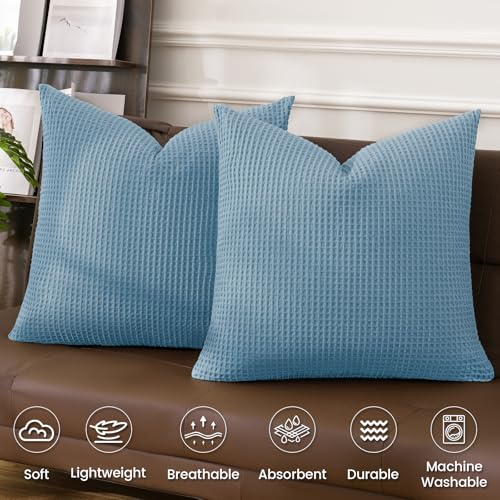 PHF 100% Cotton Waffle Weave Throw Pillow Cover, 24" x 24", No Filling, 2 Pack Elegant Home Decorative Square Throw Pillow Covers for Bed Couch Sofa, Dusty Blue - color: Dusty Blue, size: 24" X 24" (Pack of 2)