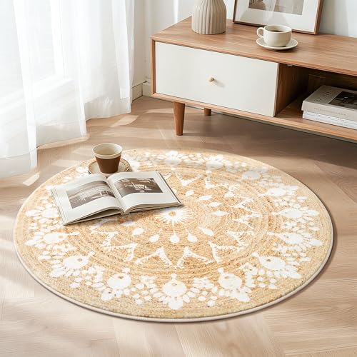 Asrug Imitation Jute Low Pile Round Rug Area Rug Washable Non-Slip Circle Rug Soft Plush Touch Circle Rugs Round for Kitchen Bathroom Living Bedroom Nursery, Carpet 3ft /36 inch/91 cm Brown - color: Beigefloral, size: 3ft