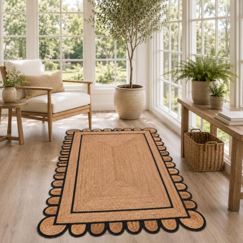 Braided Scalloped Jute Rug Natural with Black Trim, Handmade Farmhouse Boho Area Rug for Entryway, Kitchen, Hallway, Living Room, Bedroom, Rustic Woven Floor Rug - (Black- 6X9 ft) - size: 6' x 9' (Rectangular)