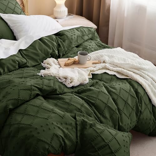 Bedsure Boho Duvet Cover Queen Size - Olive Green Breathable & Soft Boho Bedding, Machine Washable Comforter Cover for All Seasons, Includes 1 Duvet Cover 90"x90" with 2 Pillow Shams & Zipper Closure - color: 03 - Olive Green (No Comforter), size: Queen (