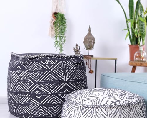 Mandala Life ART Pouf Ottoman - 20x20x20 - Foot Rest Stool White Pouf - color: White Black, size: 24"D x 24"W x 8"H